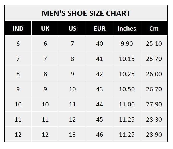 Men's shoe size chart showing IND, UK, US, EUR sizes with inches and centimeters for comfortable slip on tan shoes