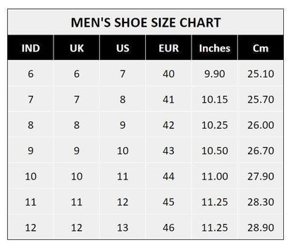 Men's shoe size chart showing IND, UK, US, EUR sizes with inches and centimeters for comfortable slip on tan shoes