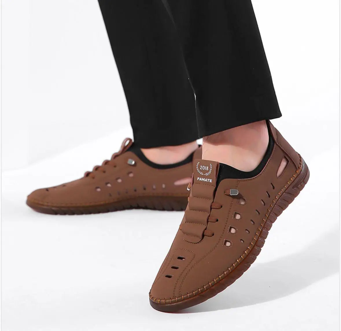 Men's comfortable slip on tan shoes with breathable perforated design and flexible sole
