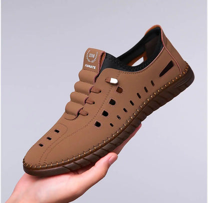 Mens casual comfortable slip on tan shoes with breathable holes and flexible sole