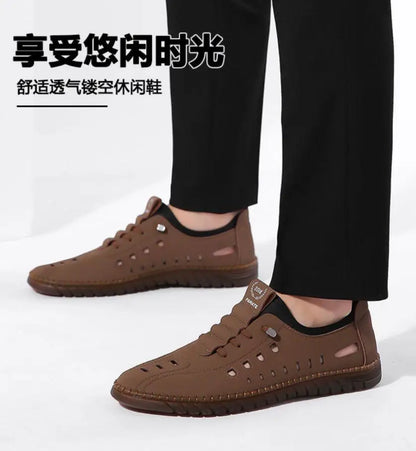 Mens casual comfortable slip on tan shoes with breathable perforated design and flexible sole