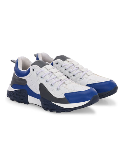 Mens casual comfortable white running shoes with blue and black accents and durable rubber soles