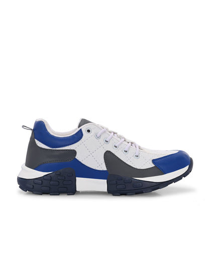 Men's casual comfortable white running shoes with blue and black accents and cushioned sole