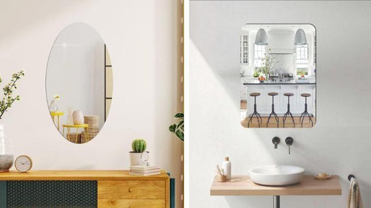 Contemporary mirror pack of 2 with one oval and one rectangular mirror in modern home settings