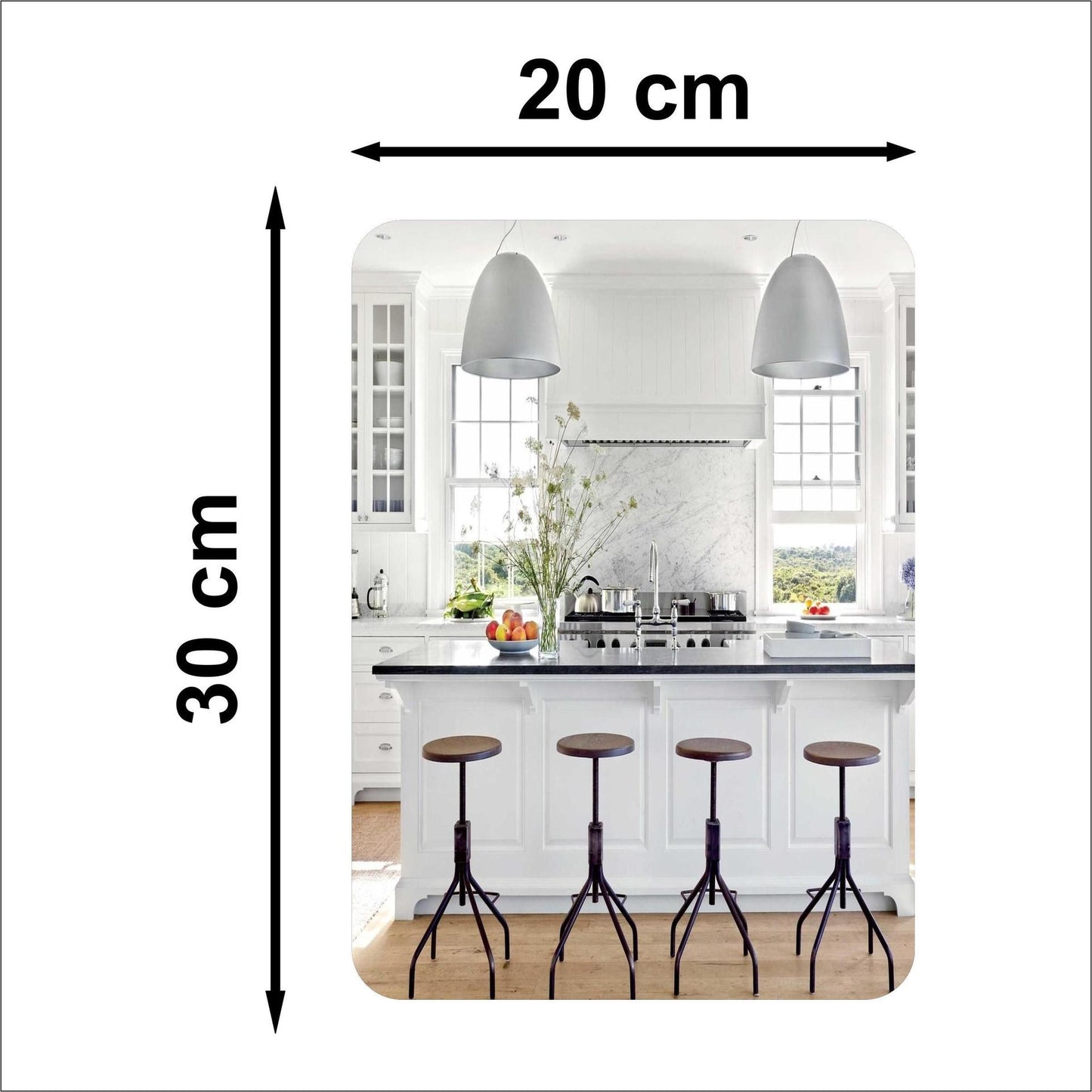 Contemporary mirror pack of 2 showing dimensions 20 cm by 30 cm with kitchen reflection