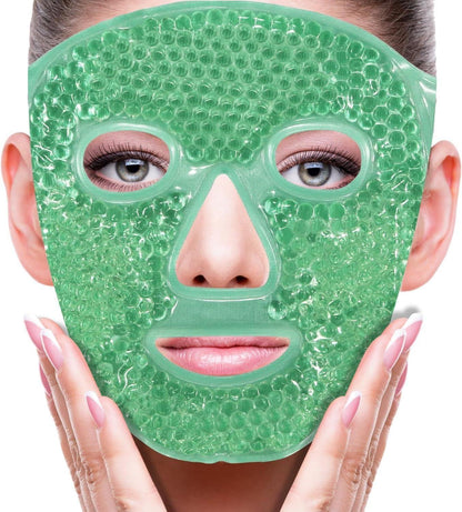 Green cooling gel face mask with gel beads applied on face for soothing and refreshing skin