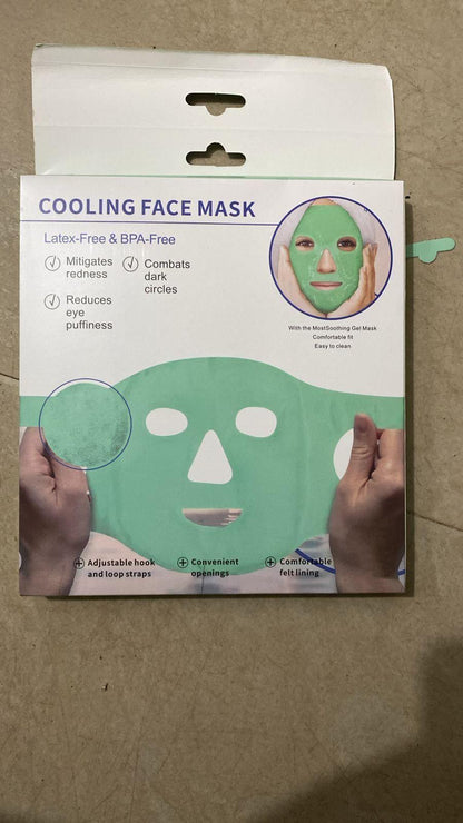 Cooling gel face mask packaging showing latex-free design and benefits for reducing redness and dark circles