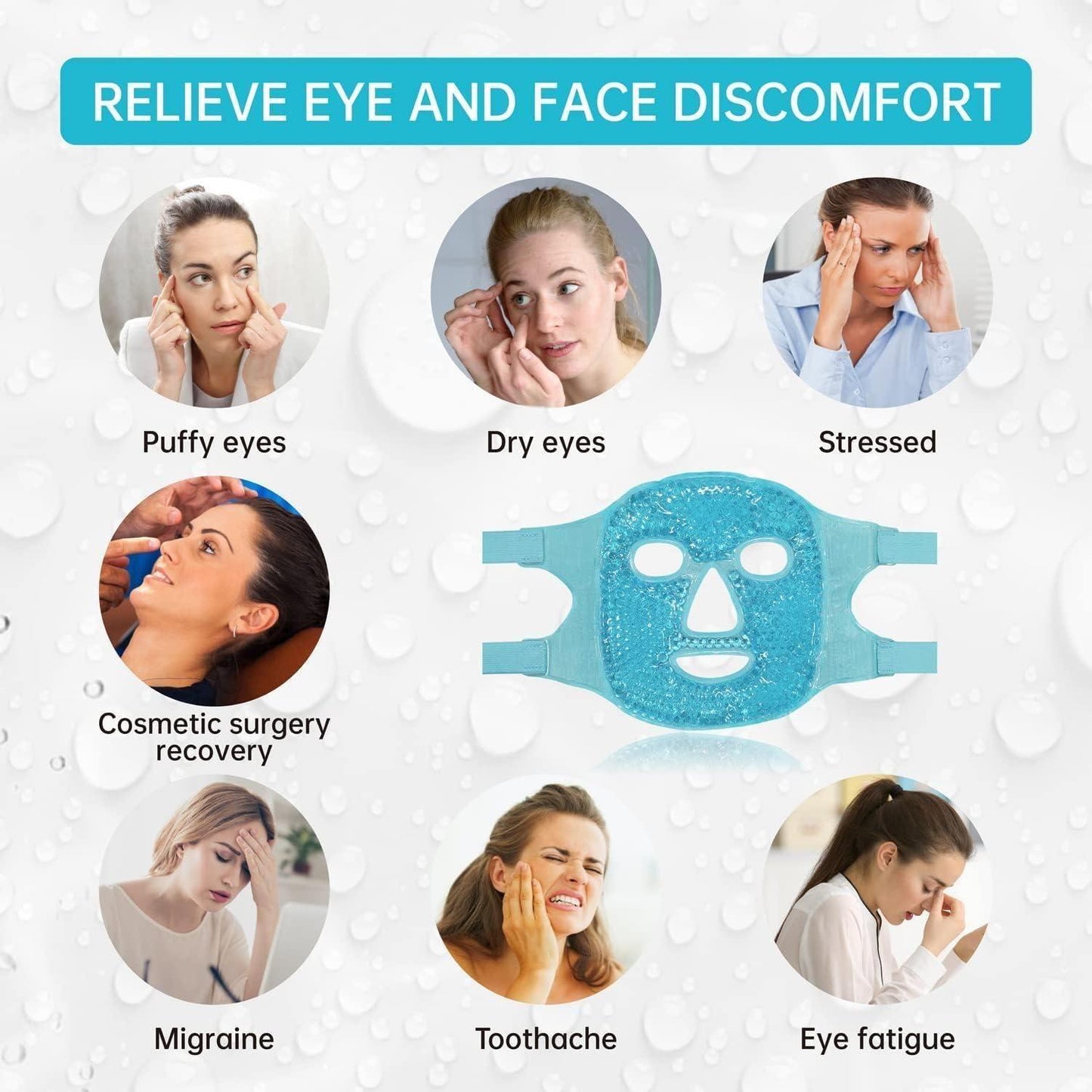 Blue cooling gel face mask for relieving eye and face discomfort including puffy eyes dry eyes and stress