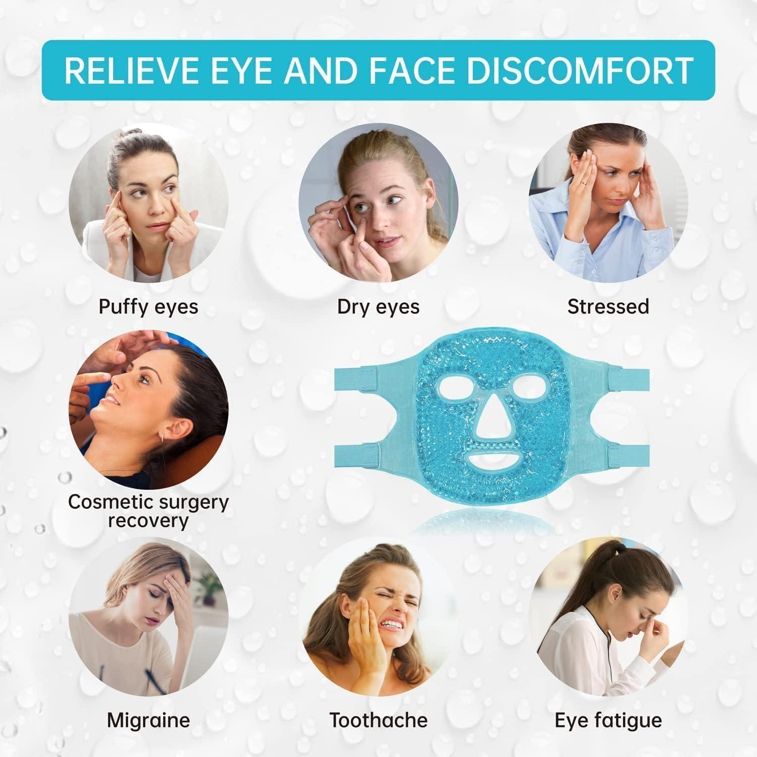 Blue cooling gel face mask for relieving eye and face discomfort including puffy eyes dry eyes and stress