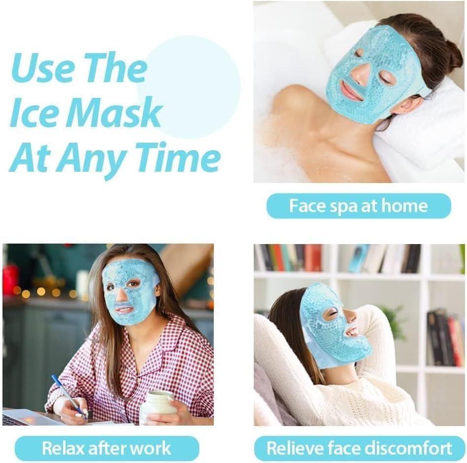 Cooling gel face mask worn by woman relaxing at home to relieve face discomfort and unwind after work