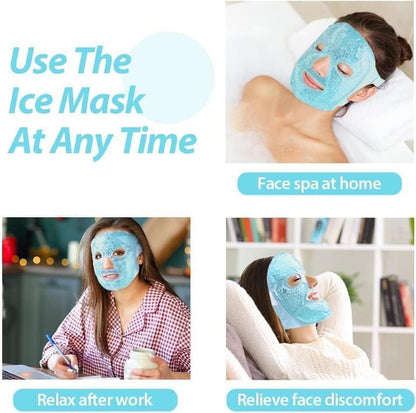 Cooling gel face mask worn by woman relaxing at home to relieve face discomfort and unwind after work