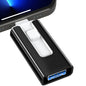 RuchiVerse high speed metal USB flash drive connected to a smartphone with sleek black metal casing