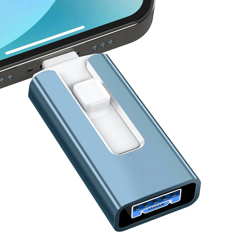 RuchiVerse high speed metal USB flash drive in blue connected to a smartphone with USB-C adapter