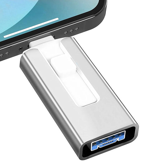 High speed metal USB flash drive plugged into a smartphone for fast data transfer