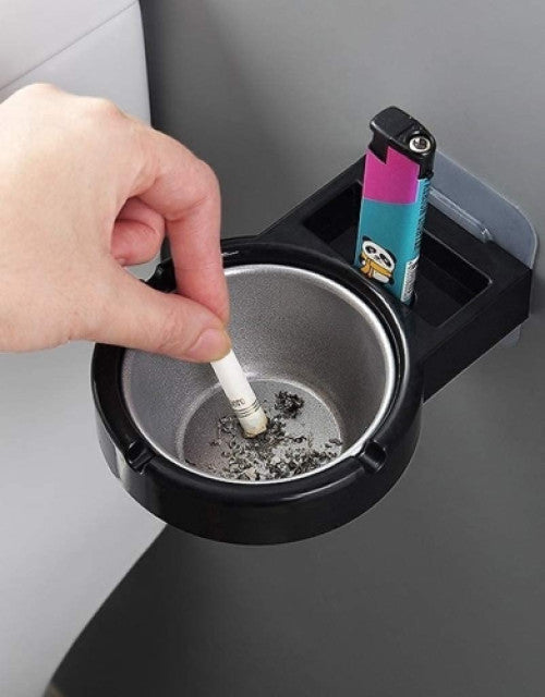 Dropdash wall mounted ashtray with lighter holder installed in car for convenient cigarette disposal