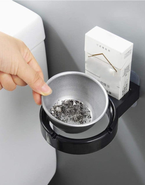 Dropdash wall mounted cigarette ashtray in black with removable silver ash container attached to wall