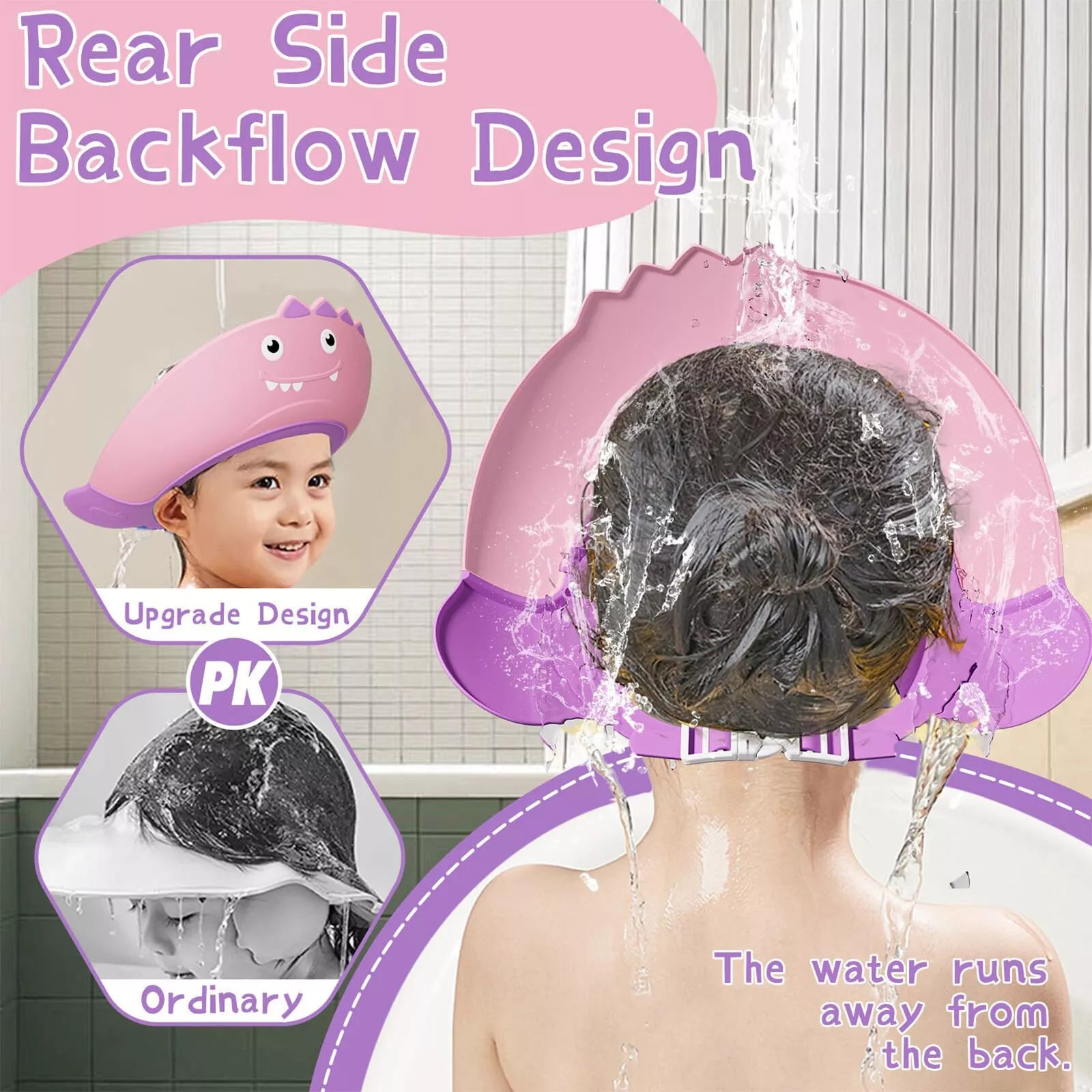 Kids adjustable shampoo shield in pink dinosaur design protecting child's hair from water during bath