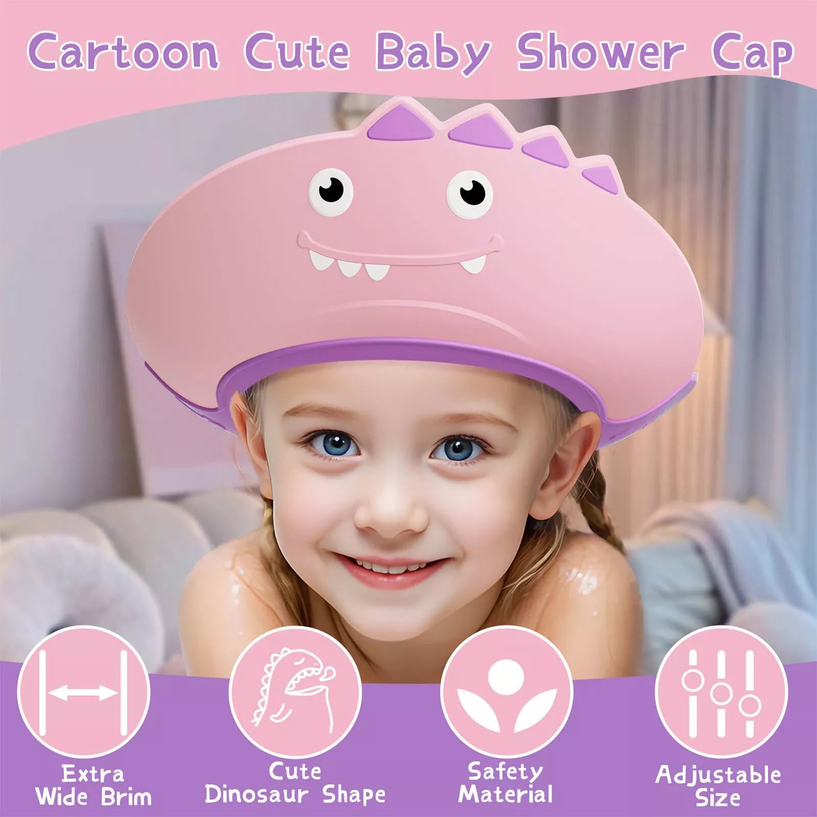 Kids wearing pink dinosaur shaped kids adjustable shampoo shield with extra wide brim and adjustable size
