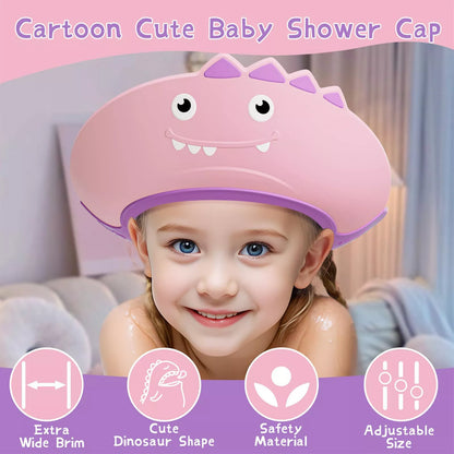 Kids wearing pink dinosaur shaped kids adjustable shampoo shield with extra wide brim and adjustable size