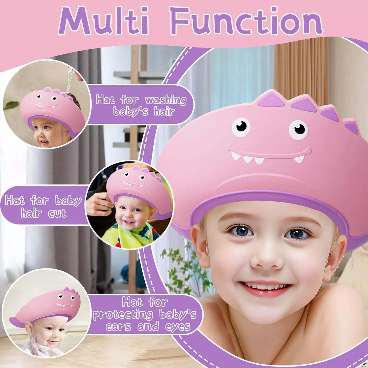 Kids adjustable shampoo shield pink dinosaur shower cap for washing baby hair and protecting ears