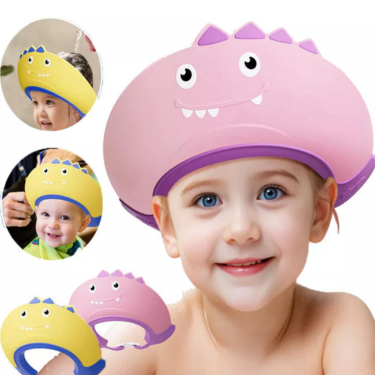 Kids adjustable shampoo shield shower caps in pink and yellow dinosaur designs for protecting eyes during bath