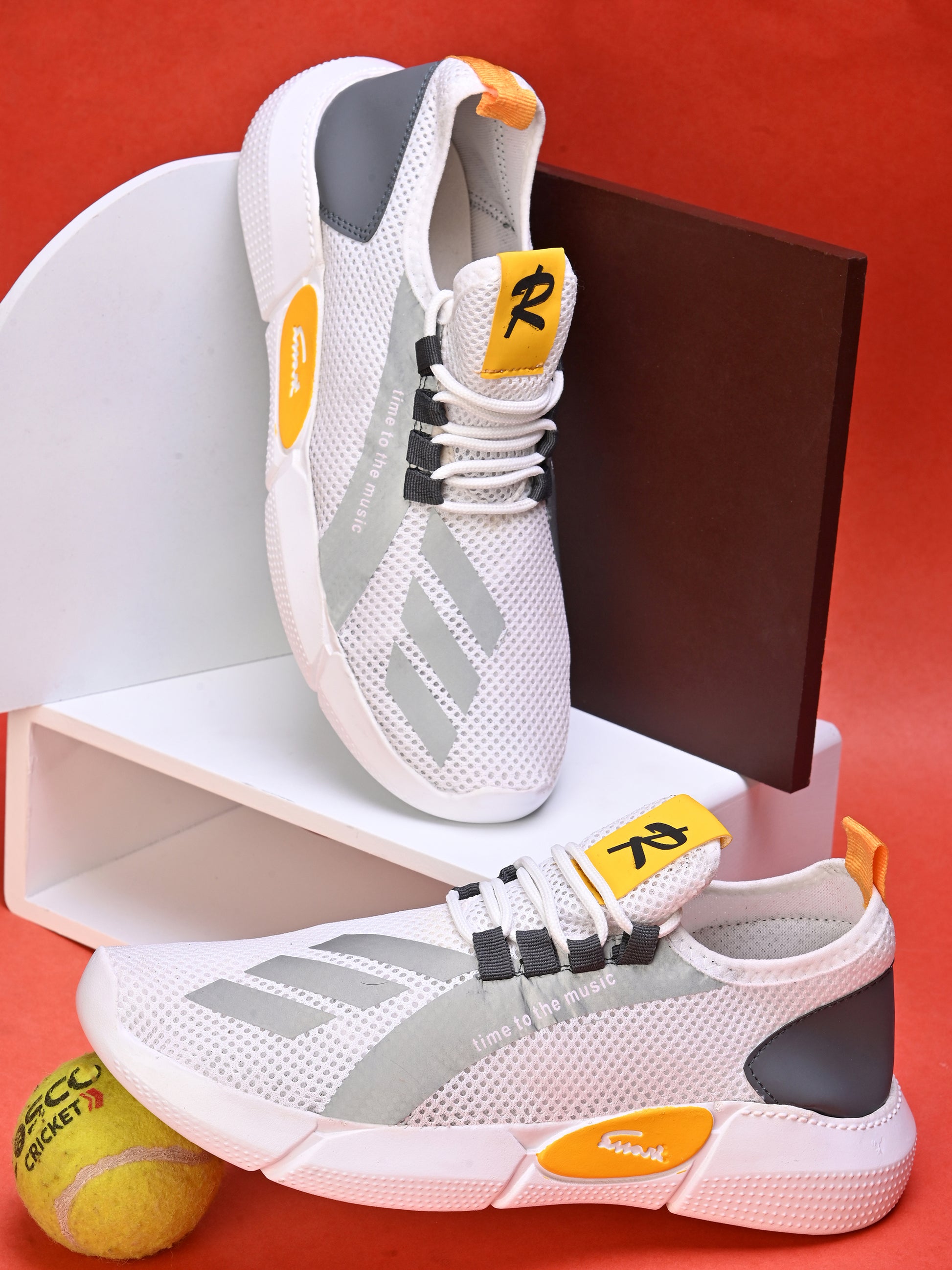 Men's lightweight casual sneakers in white gray and yellow with breathable mesh design