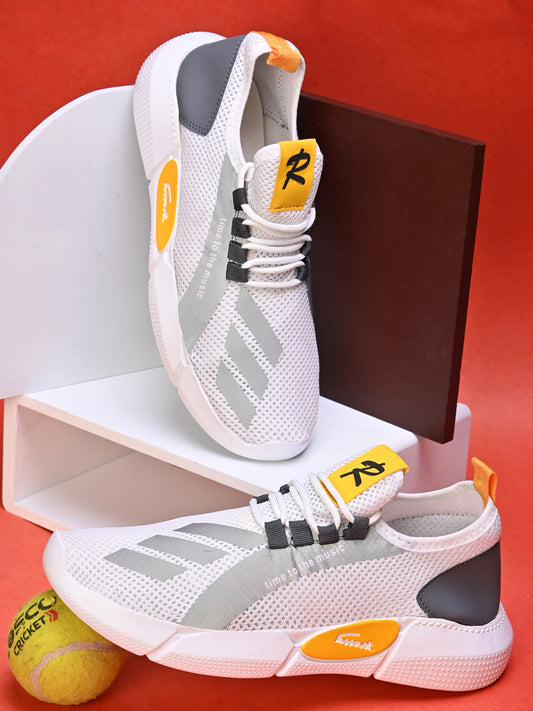 Men's lightweight casual sneakers in white gray and yellow with breathable mesh design