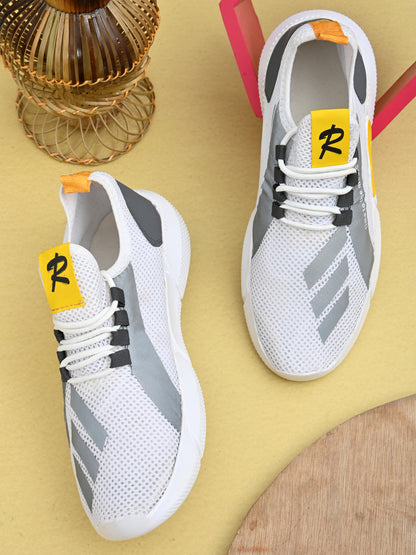 Men's lightweight casual sneakers in white and gray mesh with yellow logo tag and cushioned soles
