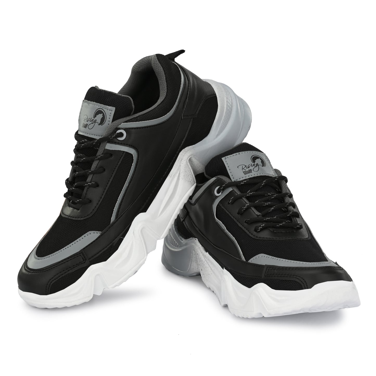 Black and gray lightweight sport shoes for daily wear with thick white soles and lace-up design