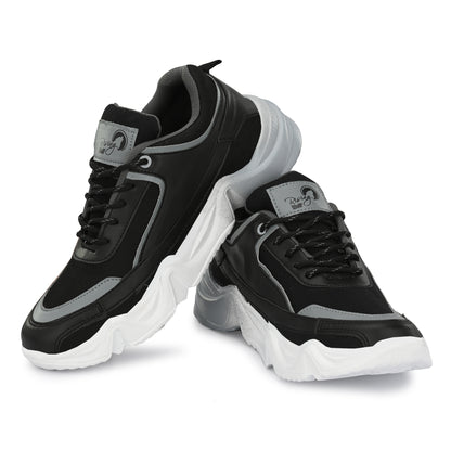 Black and gray lightweight sport shoes for daily wear with thick white soles and lace-up design