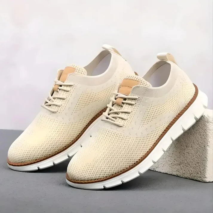 Men's casual lightweight walking shoes in beige with breathable knit upper and white flexible sole