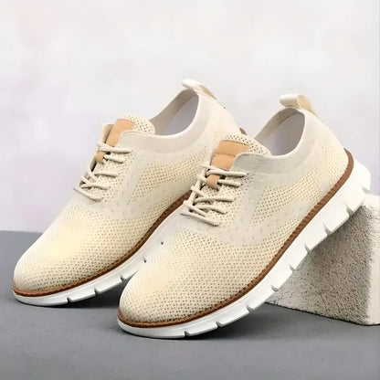 Men's casual lightweight walking shoes in beige with breathable knit upper and white flexible sole