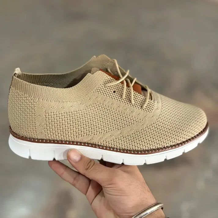 Mens casual beige lightweight walking shoes with breathable knit upper and white sole
