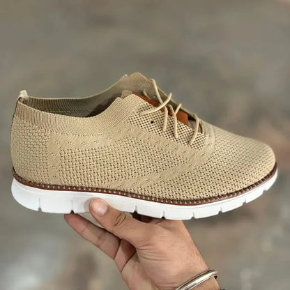 Mens casual beige lightweight walking shoes with breathable knit upper and white sole