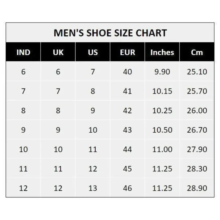 Mens casual shoes size chart showing US UK EUR sizes and foot length in inches and centimeters for lightweight walking shoes