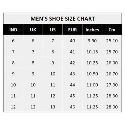 Mens casual shoes size chart showing US UK EUR sizes and foot length in inches and centimeters for lightweight walking shoes