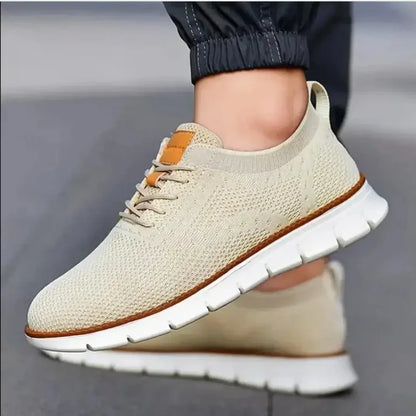 Mens casual lightweight walking shoes in beige knit fabric with white flexible sole