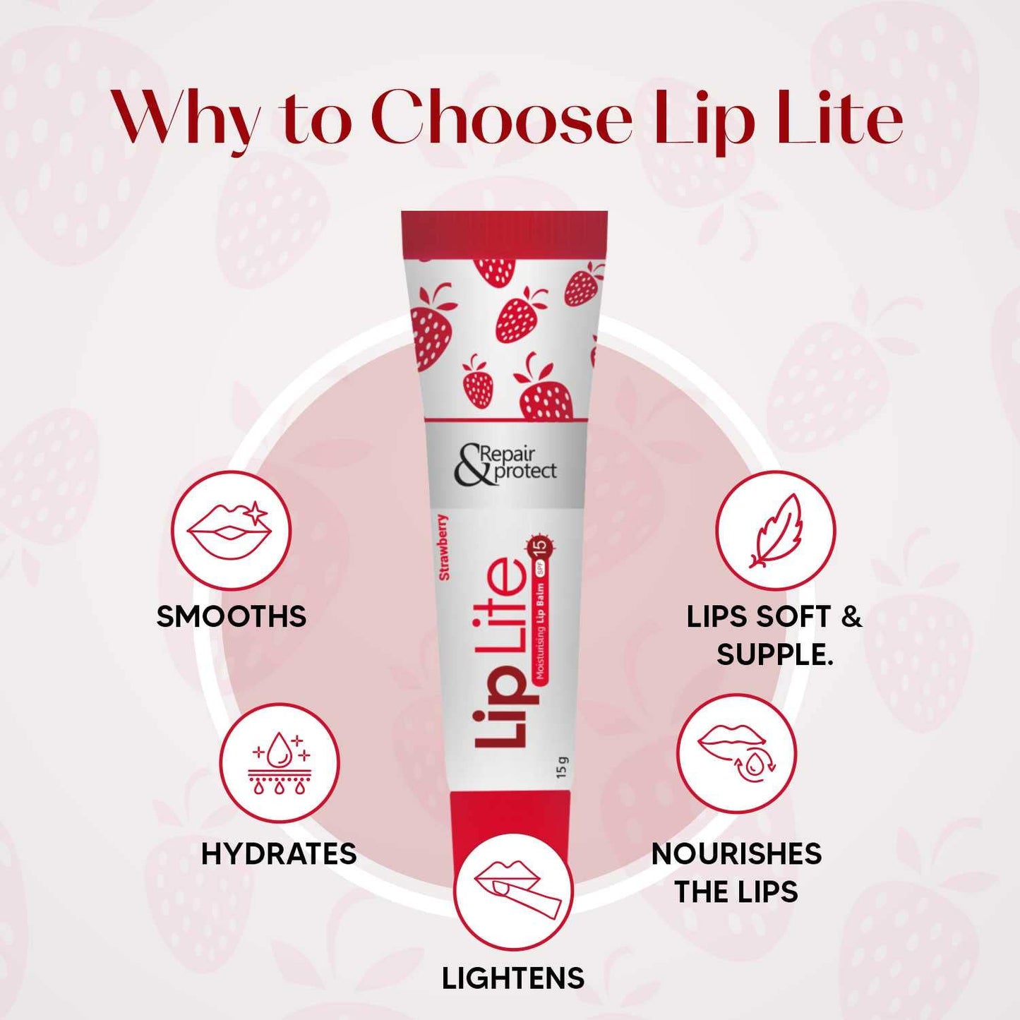 Lip Lite strawberry 8 pack lip balm tube with strawberry design and benefits like hydrating and nourishing lips