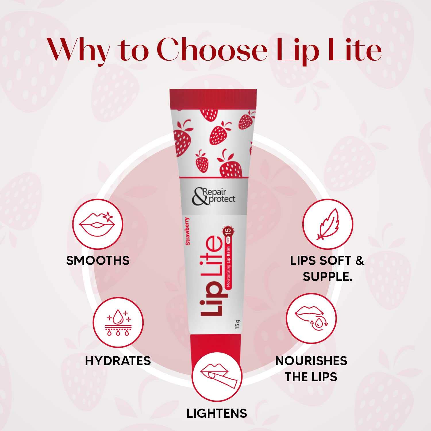 Lip Lite strawberry 8 pack lip balm tube with strawberry design and benefits like hydrating and nourishing lips