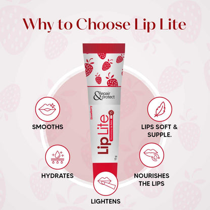 Lip Lite strawberry 8 pack lip balm tube with strawberry design and benefits like hydrating and nourishing lips