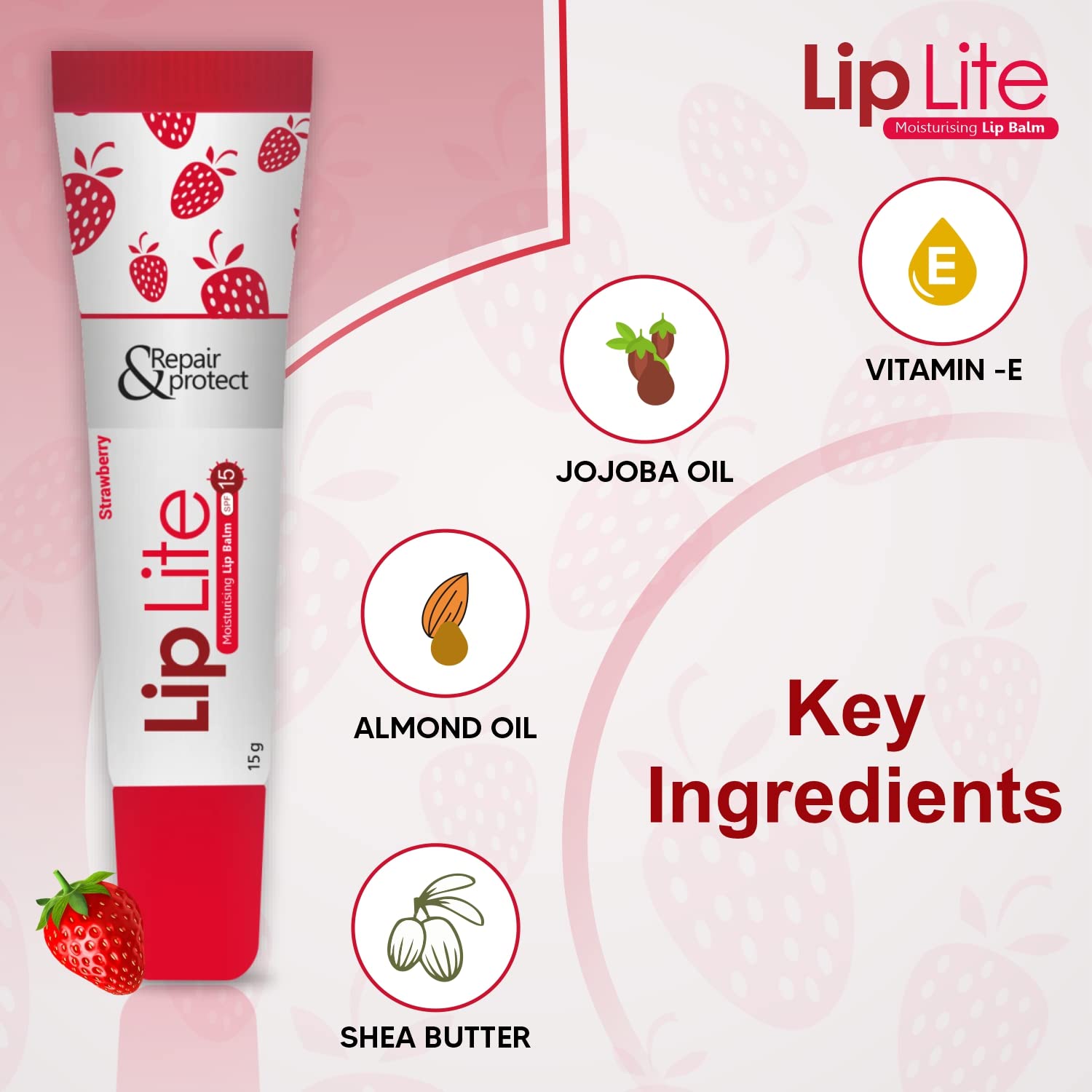 Lip Lite strawberry 8 pack moisturizing lip balm with jojoba oil almond oil shea butter and vitamin E