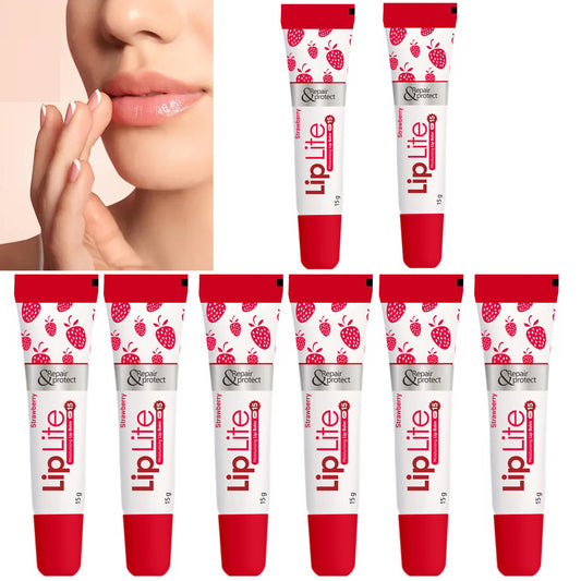 Lip Lite strawberry 8 pack lip balm tubes with red caps and strawberry design on white background