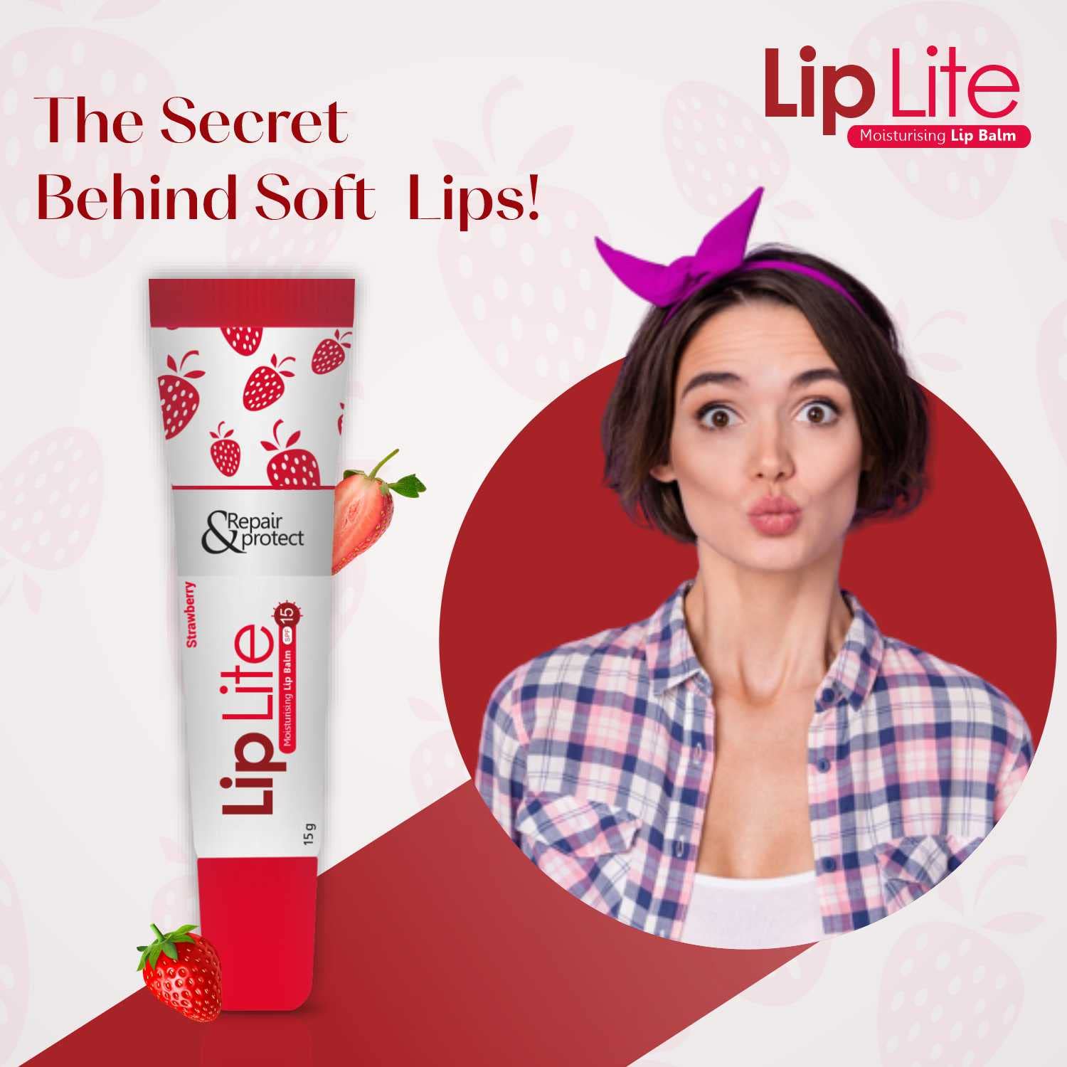 Lip Lite strawberry 8 pack moisturizing lip balm tube with strawberry design and woman with soft lips