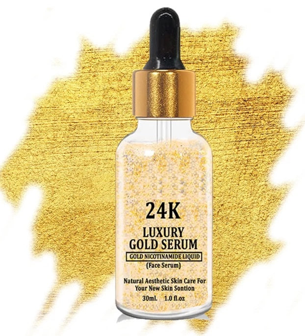 5912 24k gold face serum in clear bottle with gold flakes and dropper for skincare