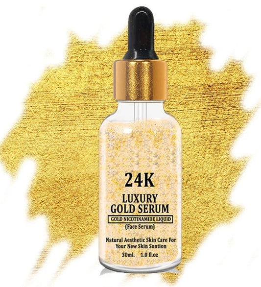 5912 24k gold face serum in clear bottle with gold flakes and dropper for skincare