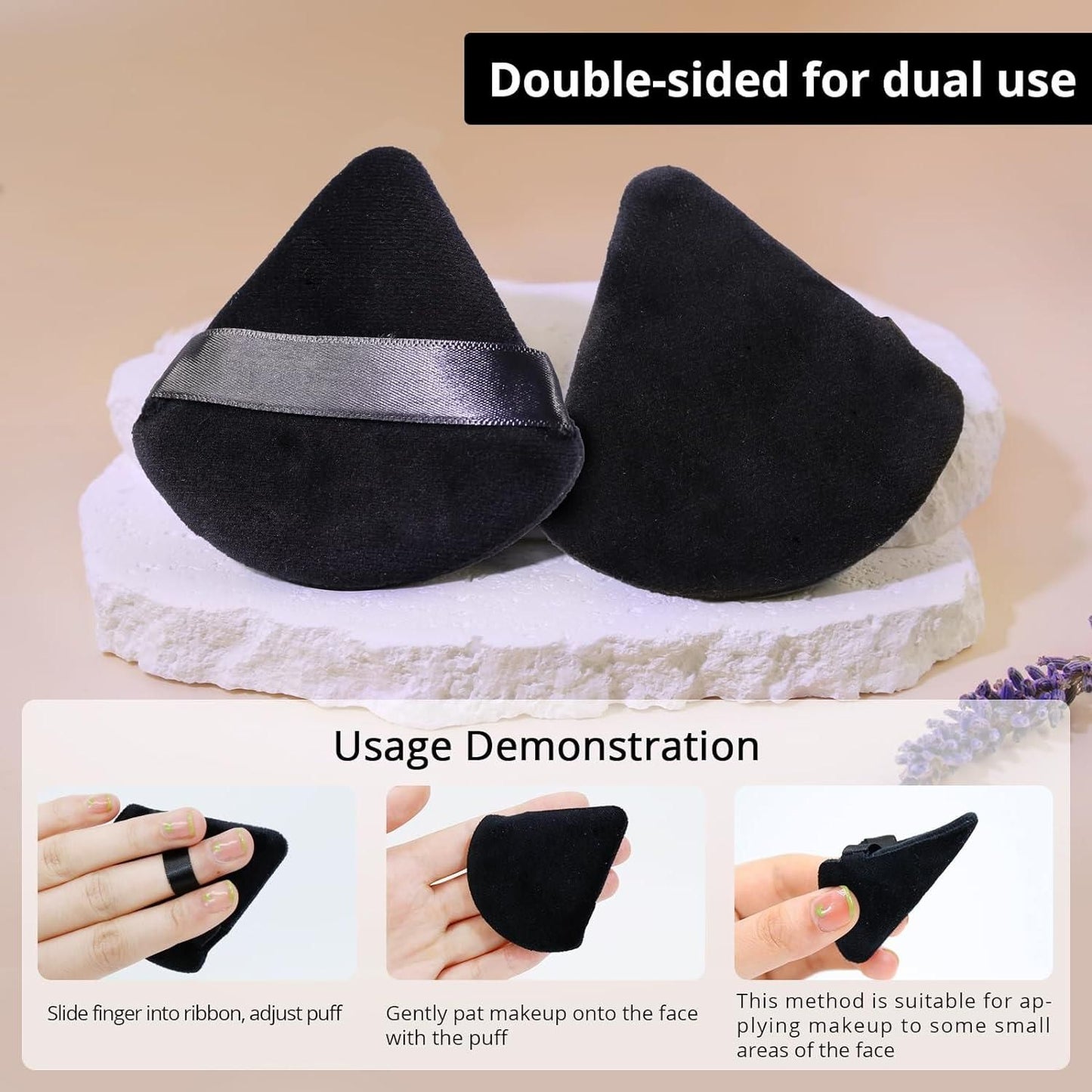 Double-sided black makeup puff for loose powder with ribbon for easy application and small face areas