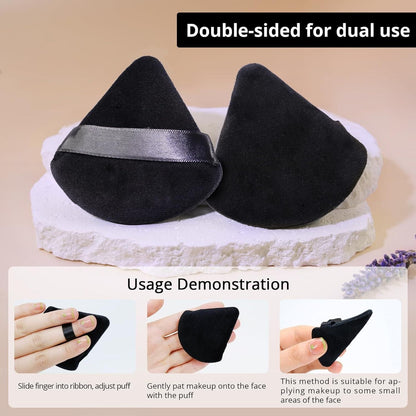 Double-sided black makeup puff for loose powder with ribbon for easy application and small face areas