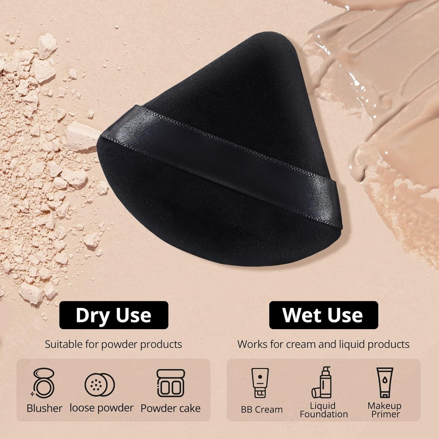 Black makeup puff for loose powder shown with powder and liquid foundation for dry and wet use