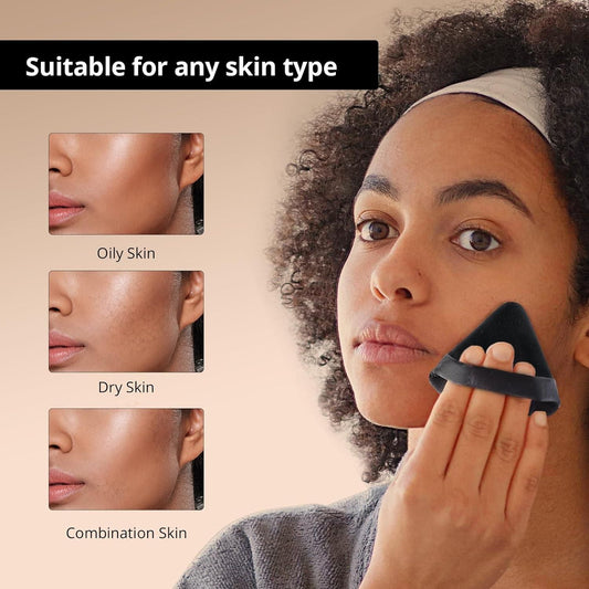 Woman using black makeup puff for loose powder on face suitable for oily, dry, and combination skin