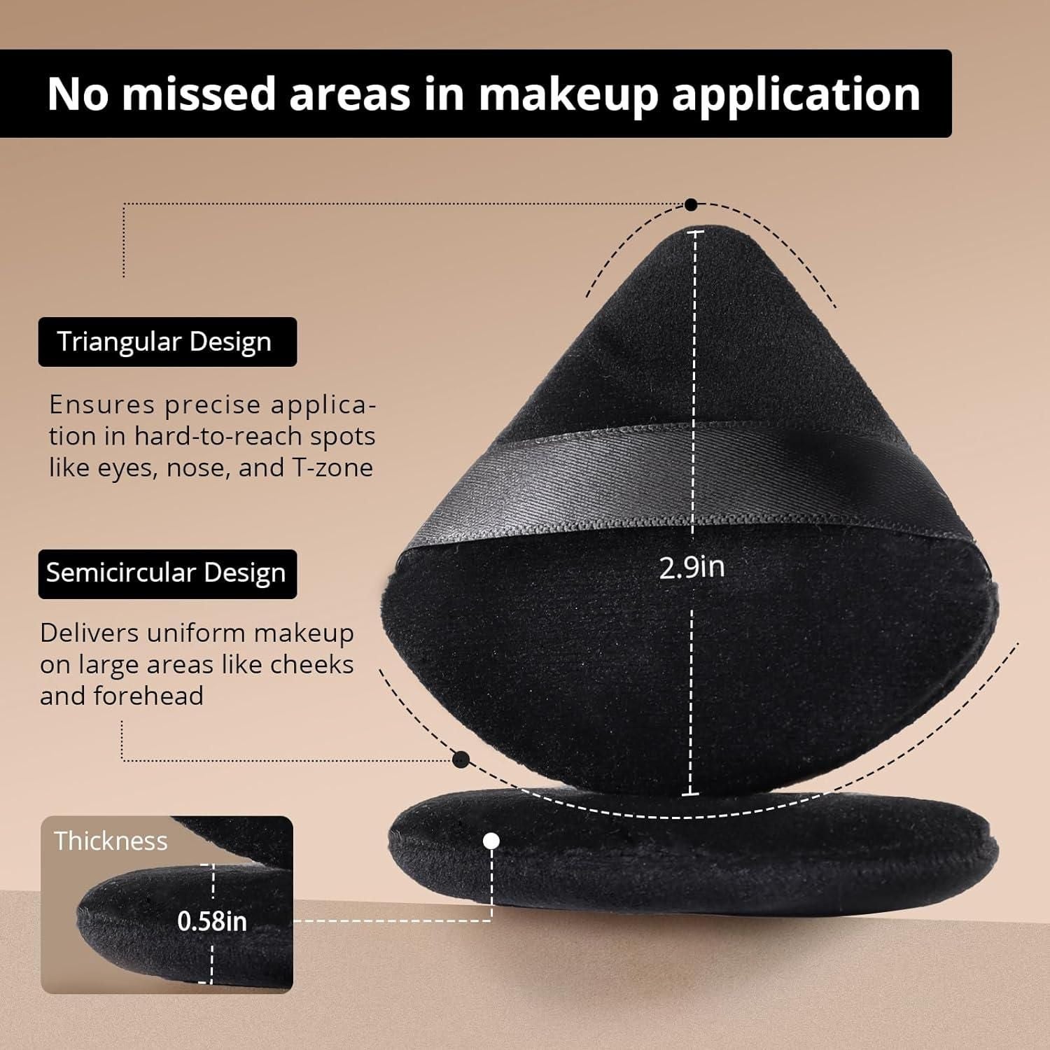 Black makeup puff for loose powder with triangular and semicircular design for precise application